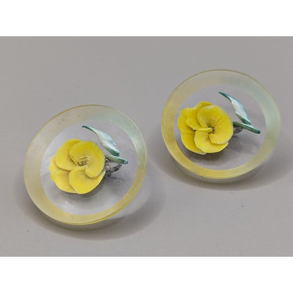 Vintage Lucite Yellow Rose Earrings
